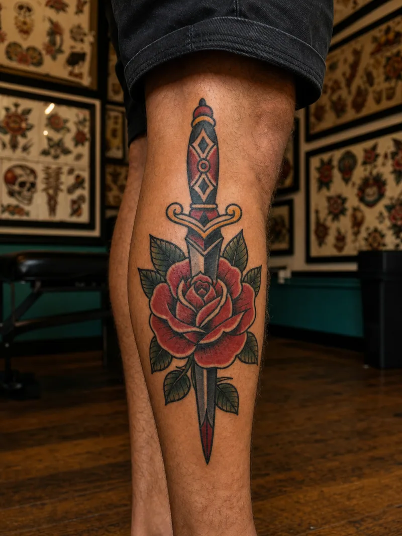 Dagger and rose tattoo - bold traditional dagger through a red rose
