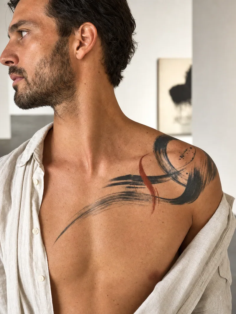 Abstract brushstroke tattoo - expressive brushwork sweeping across the collarbone