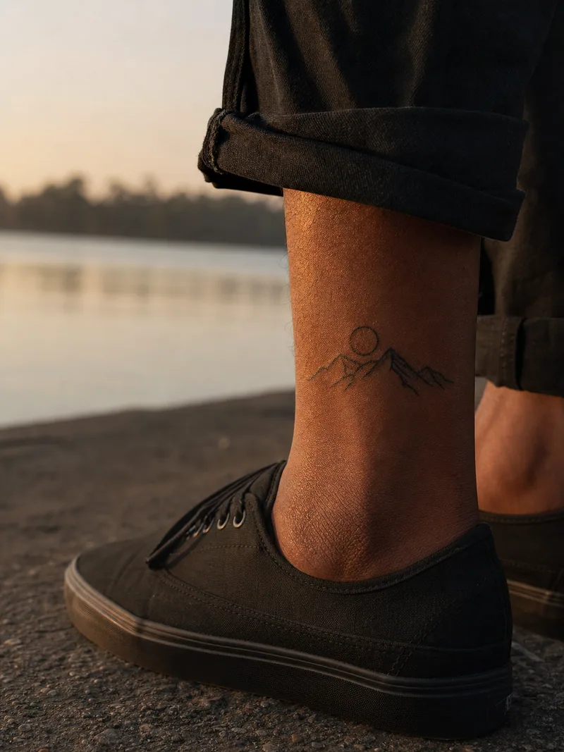 Minimal mountain ankle tattoo - small mountain ridge and sun above a man's ankle