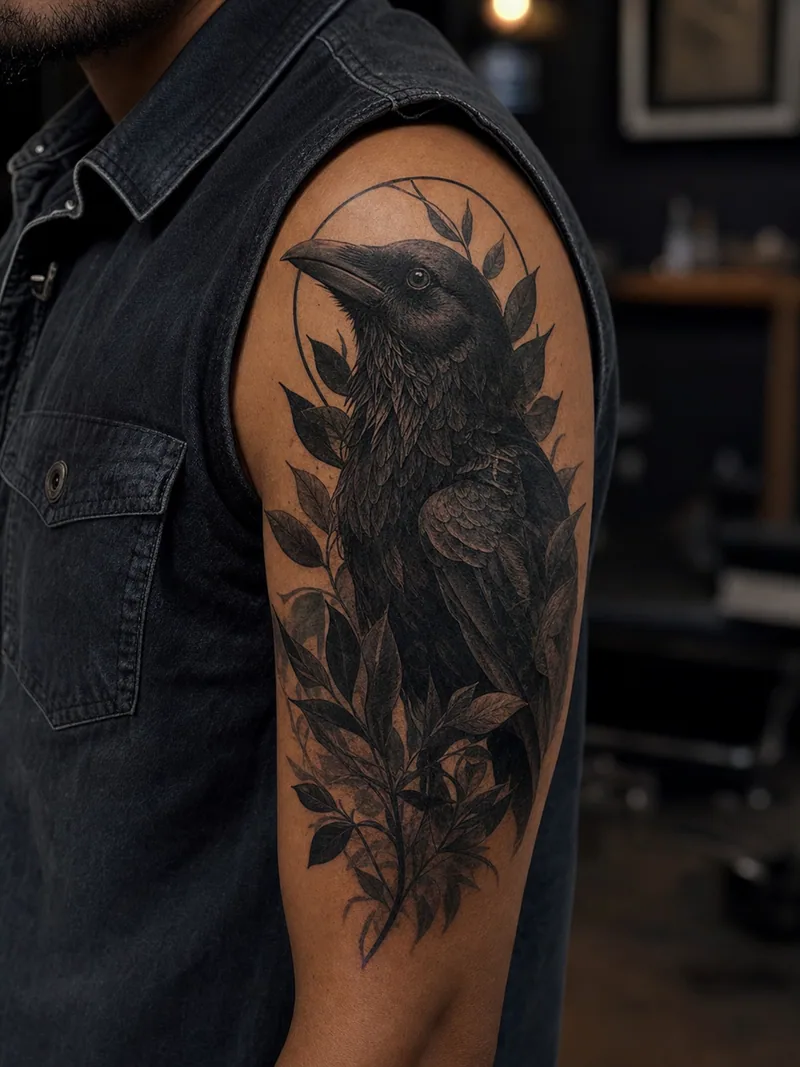 Raven botanical cover-up tattoo - raven and dark leaves designed as a confident cover-up
