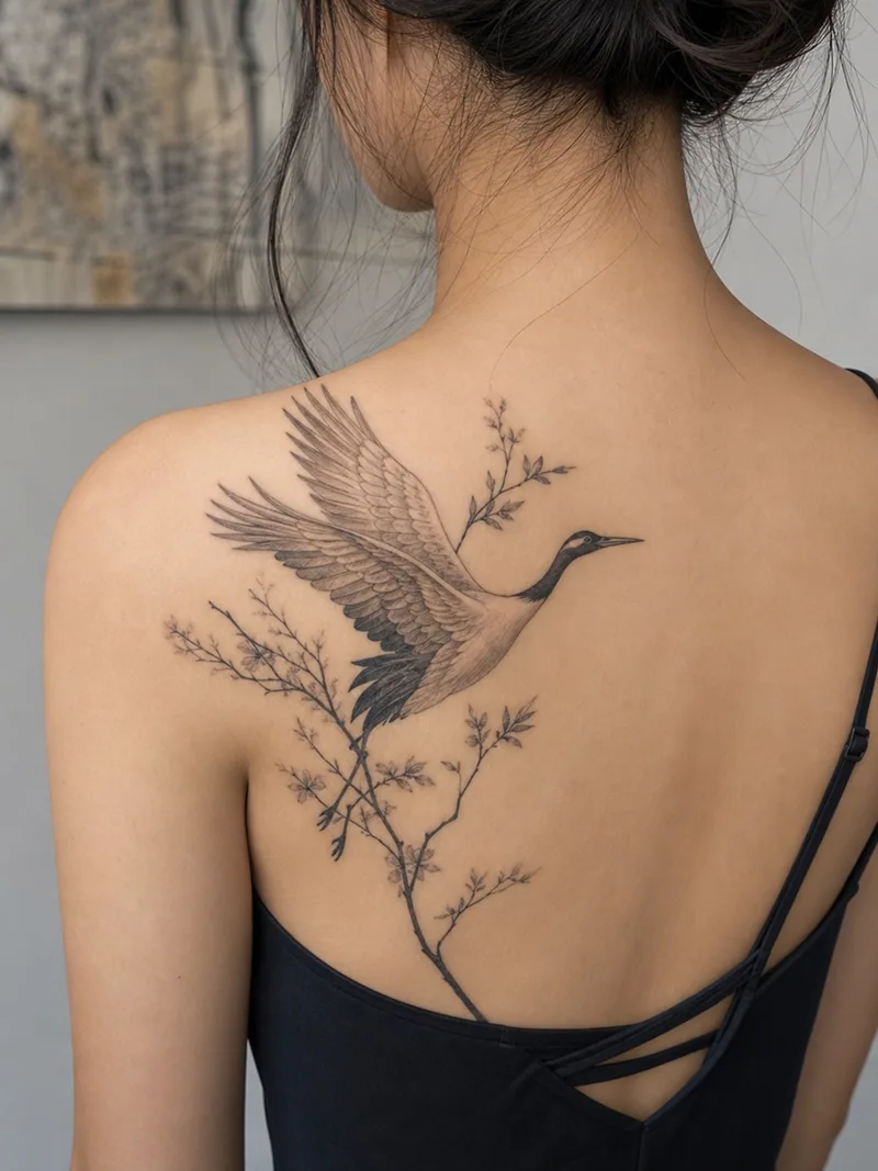 Crane shoulder blade tattoo - crane in flight with delicate botanical branches