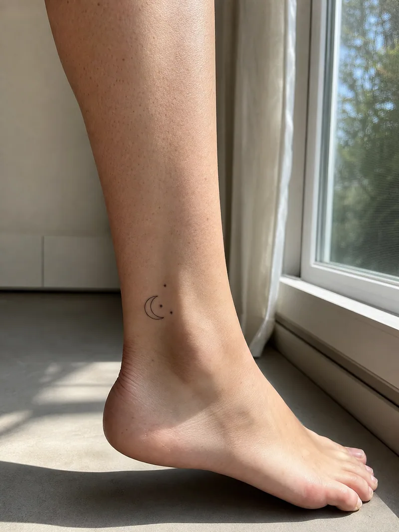 Crescent moon ankle tattoo - tiny crescent moon with three small stars
