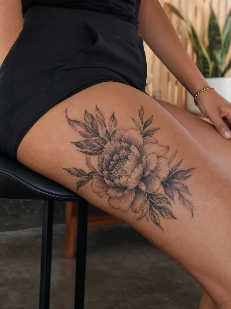 Peony thigh tattoo - large layered peony with soft botanical leaves