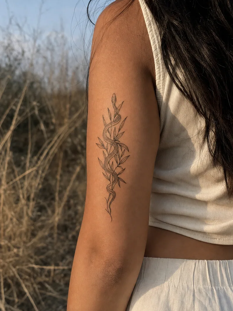 Botanical snake tattoo - slender snake intertwined with olive leaves