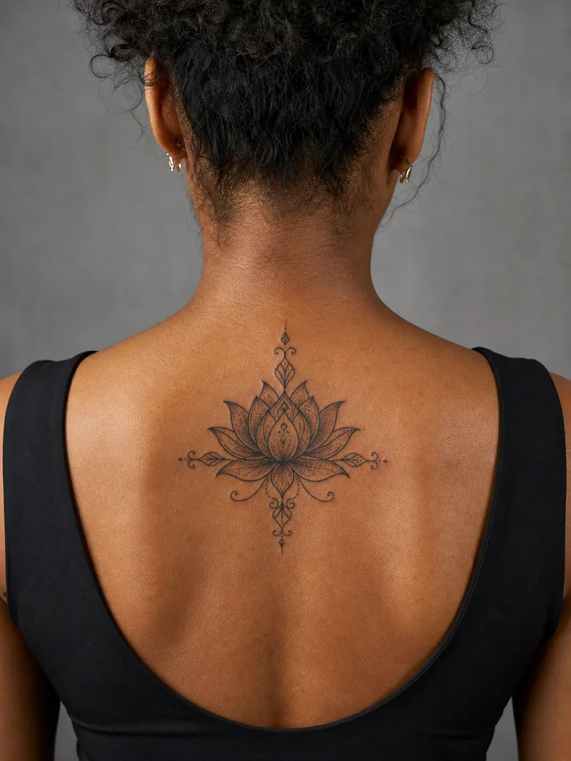 Ornamental lotus tattoo - symmetrical lotus with fine line and dotwork details