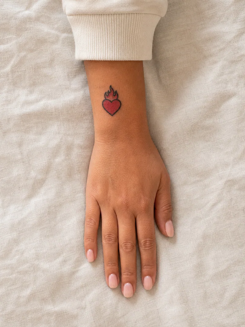 Flaming heart wrist tattoo - small traditional heart with a simple flame