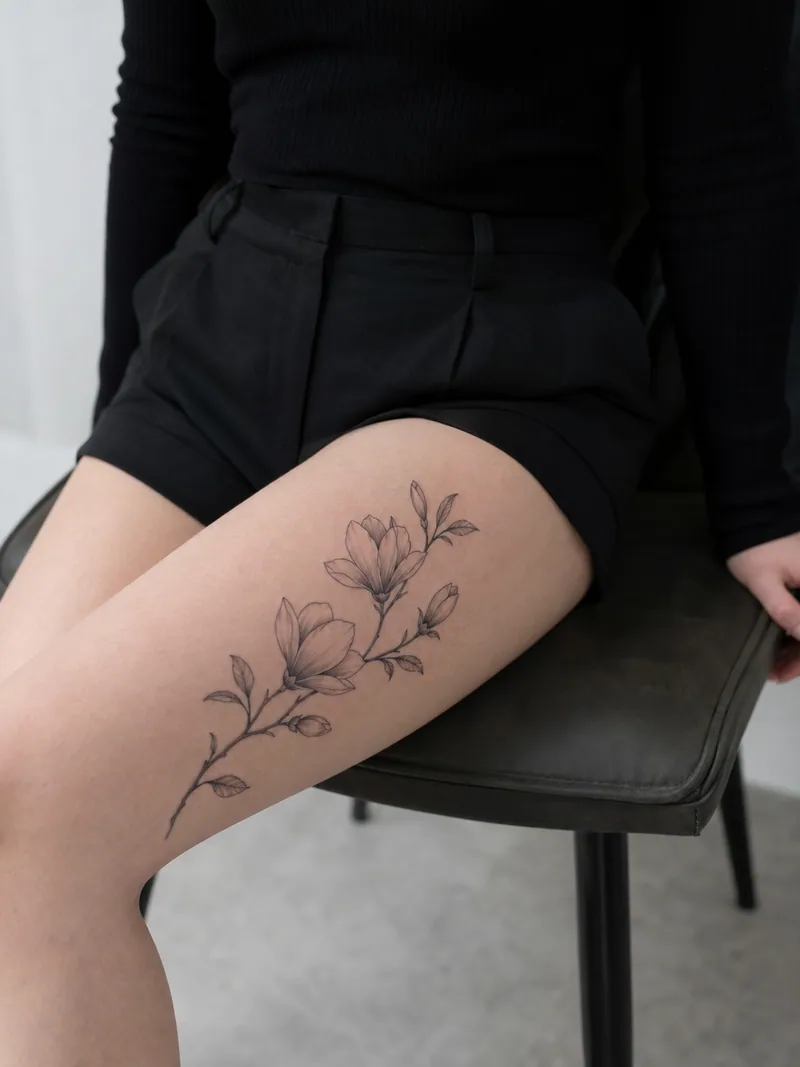 Magnolia branch tattoo - flowing magnolia branch following the outer thigh