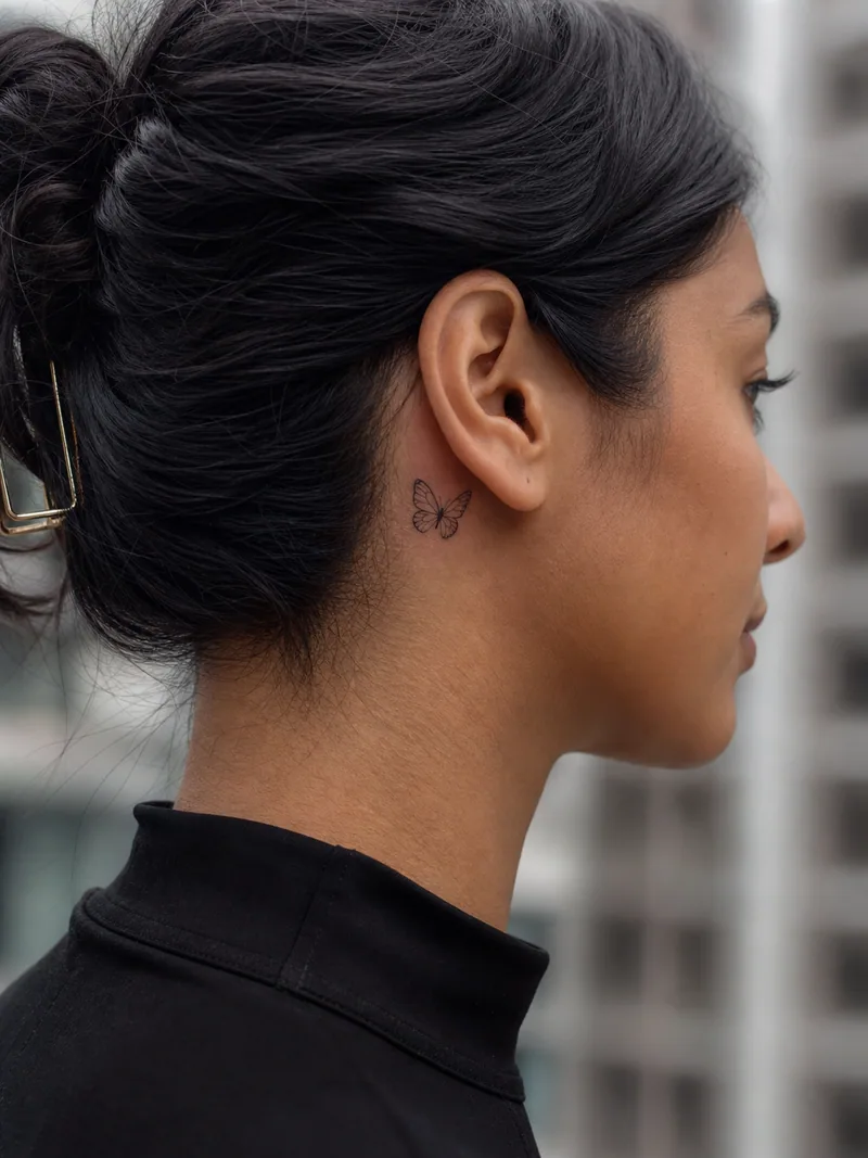 Butterfly behind ear tattoo - tiny detailed butterfly tucked behind the ear