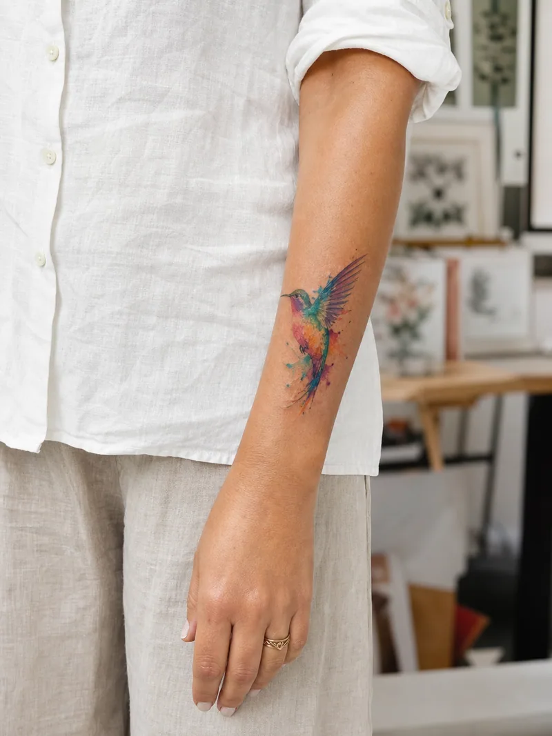 Watercolor hummingbird tattoo - colourful hummingbird with loose watercolor washes