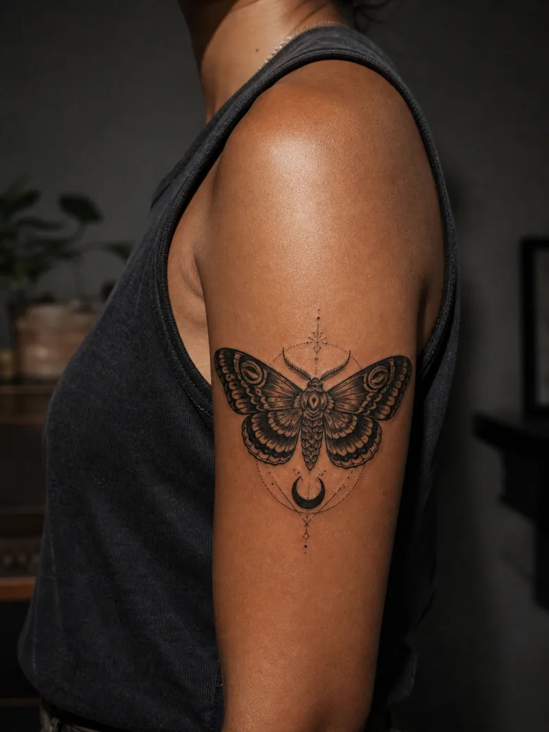 Blackwork moth tattoo - symmetrical moth with a small crescent motif