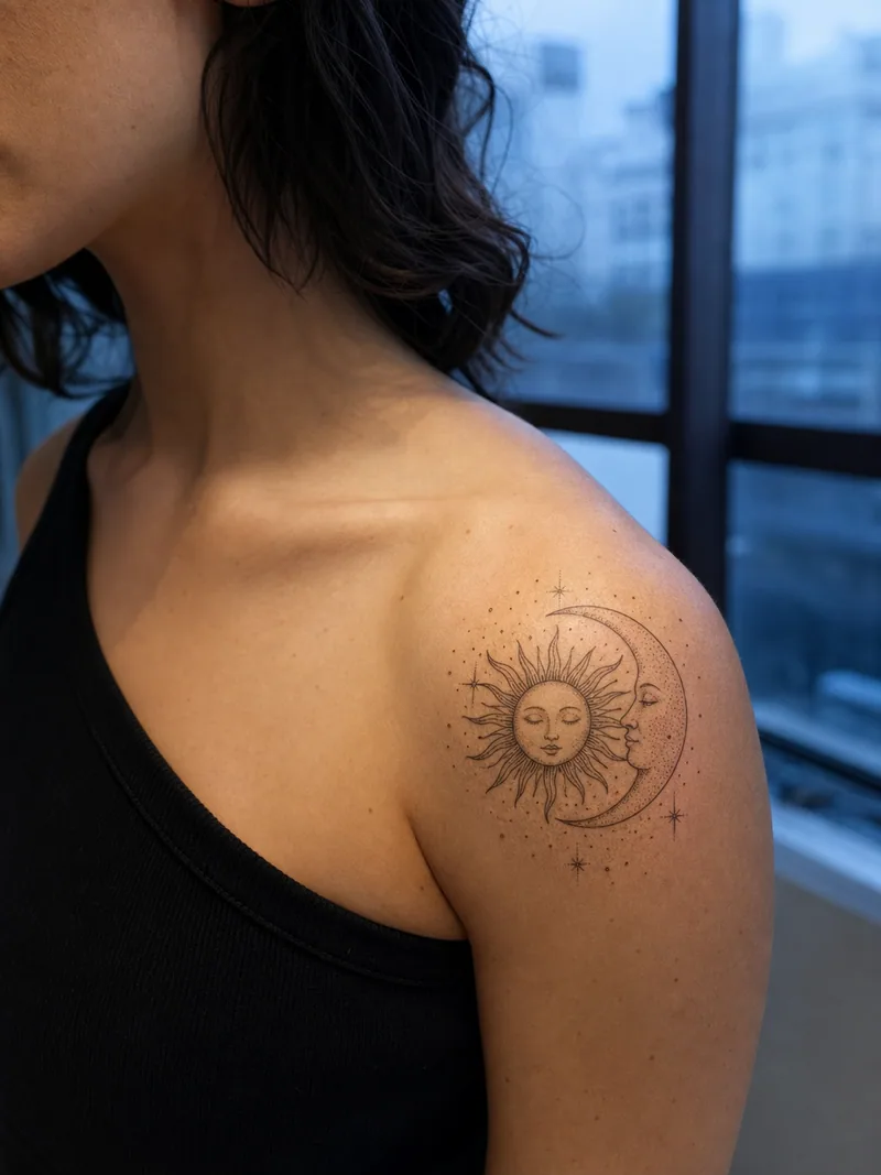 Sun and moon shoulder tattoo - balanced celestial sun and moon composition