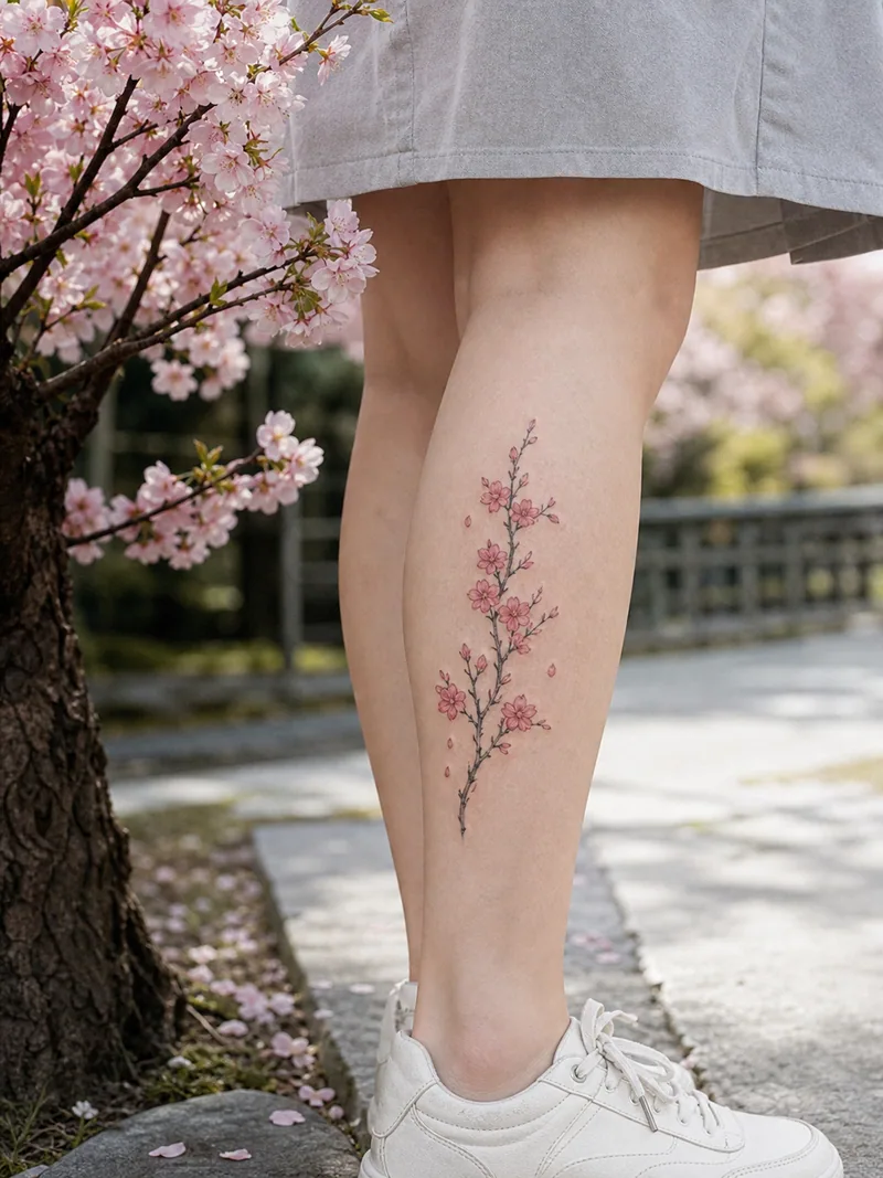 Cherry blossom calf tattoo - vertical cherry blossom branch with soft pink petals