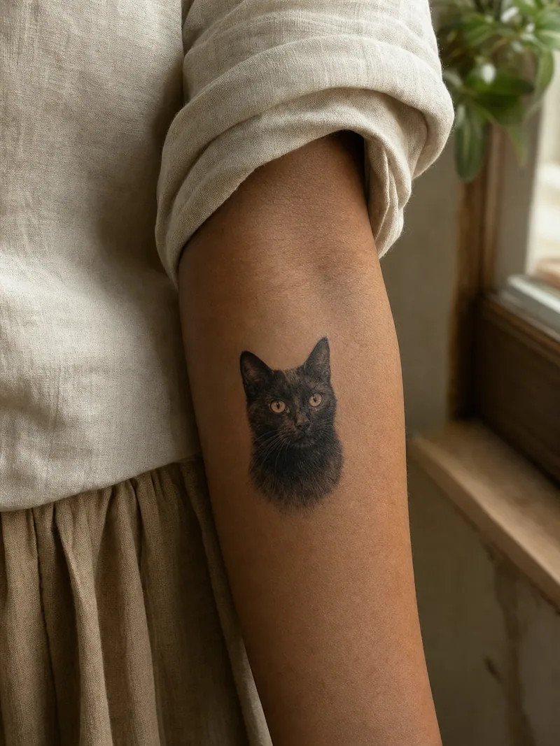 Cat portrait tattoo - small realistic black cat portrait with bright eyes