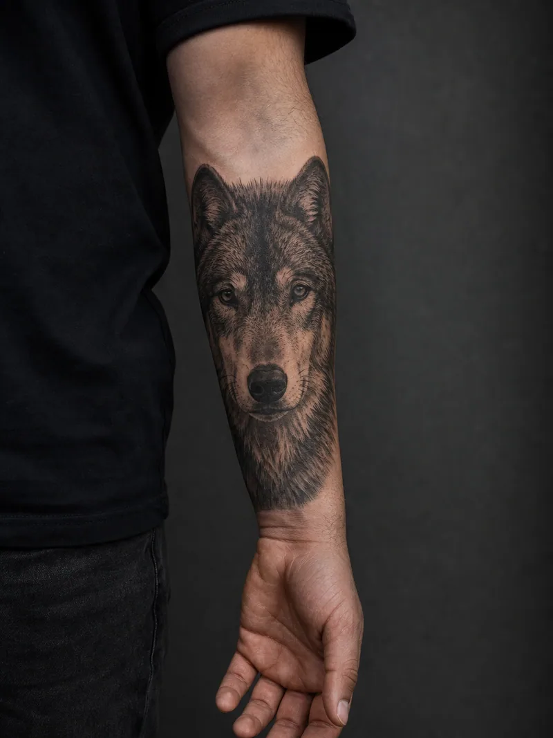 Wolf portrait - A portrait that needs the full width of the outer forearm to hold its detail.