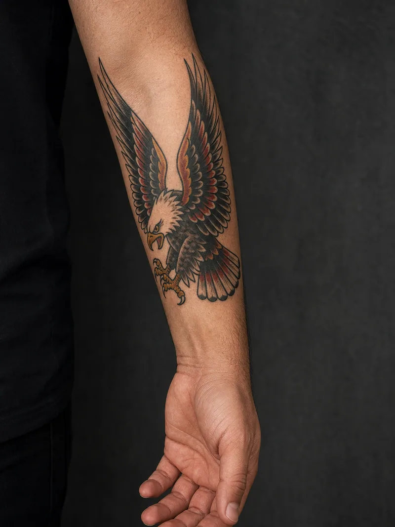 Traditional eagle - Bold outlines and flat colour, built to stay readable for decades.