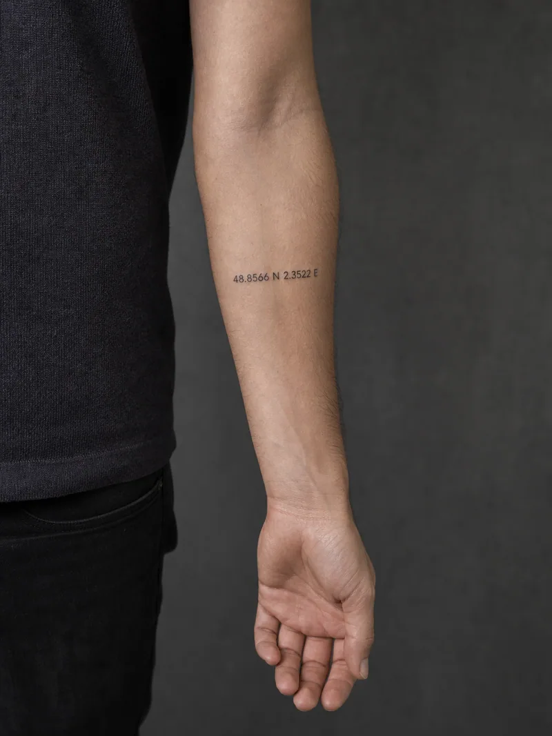 Coordinates - Small type that needs generous spacing to stay legible as it ages.