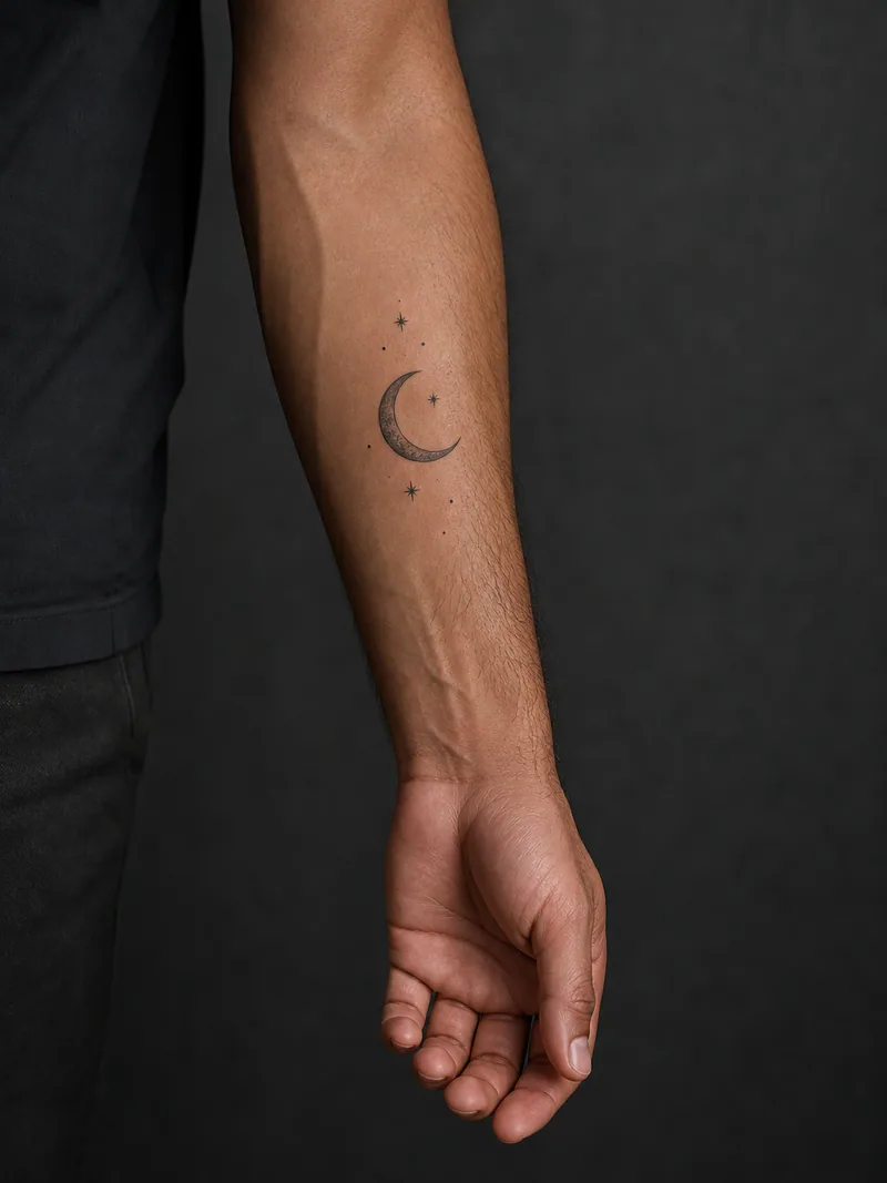 Moon and stars - A compact piece that pairs easily with a second tattoo later.