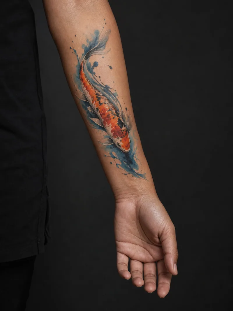 Watercolor koi forearm tattoo - A diagonal koi uses loose color washes around a crisp outline.