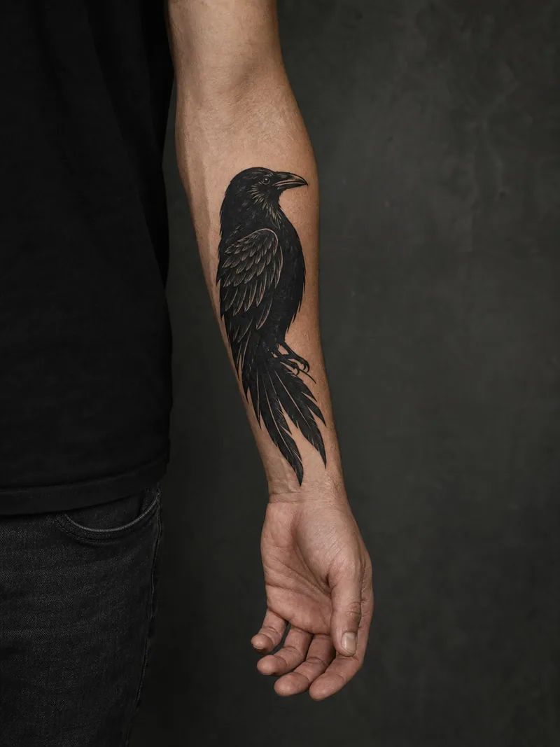 Blackwork raven forearm tattoo - A side-view raven keeps a strong readable silhouette and open skin.