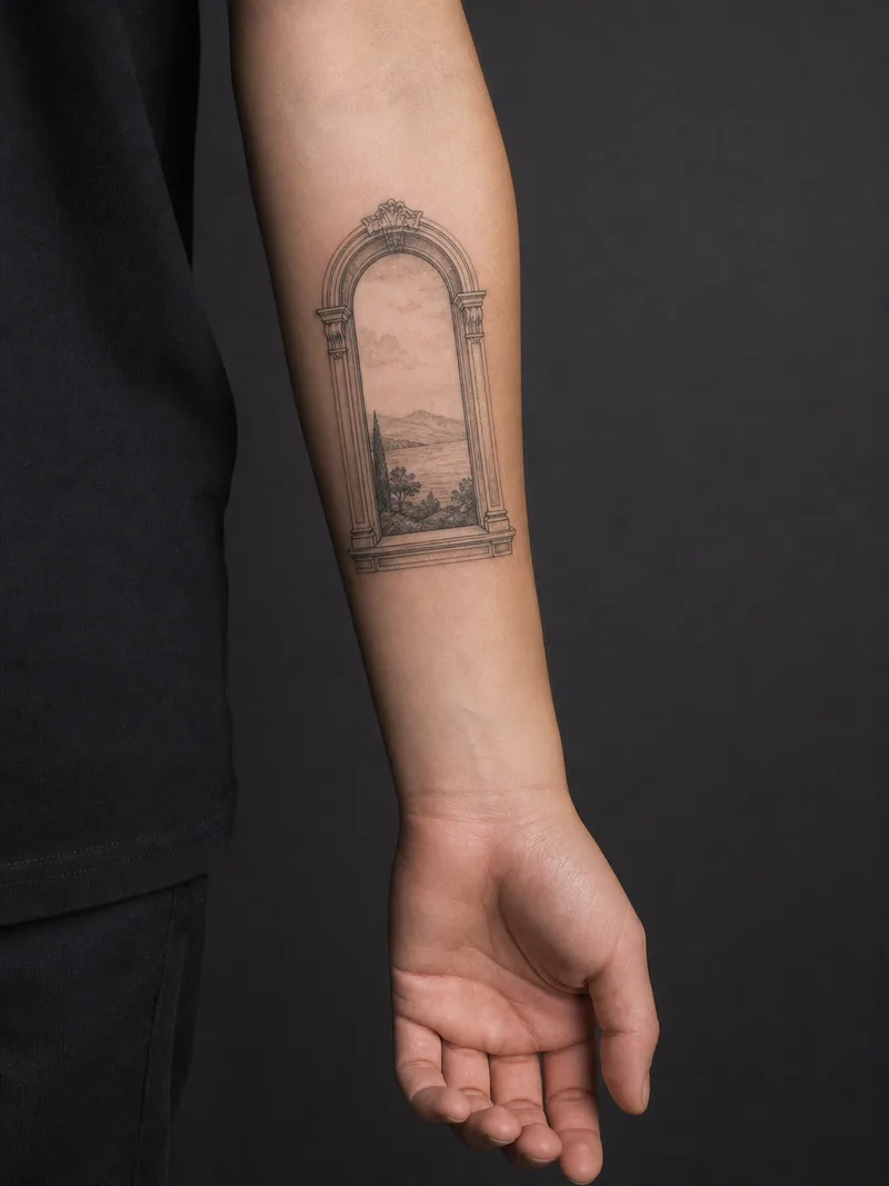 Window landscape forearm tattoo - An arched window frames a small distant landscape.