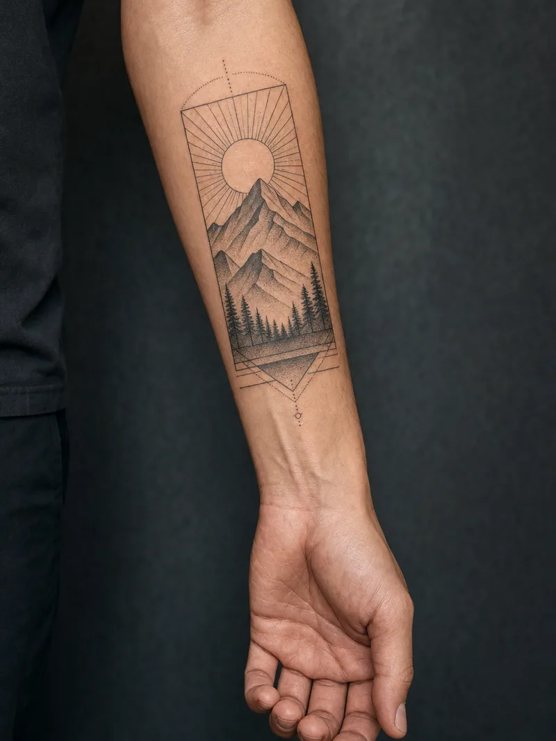 Geometric mountain forearm tattoo - A mountain and rising sun sit inside a precise vertical frame.