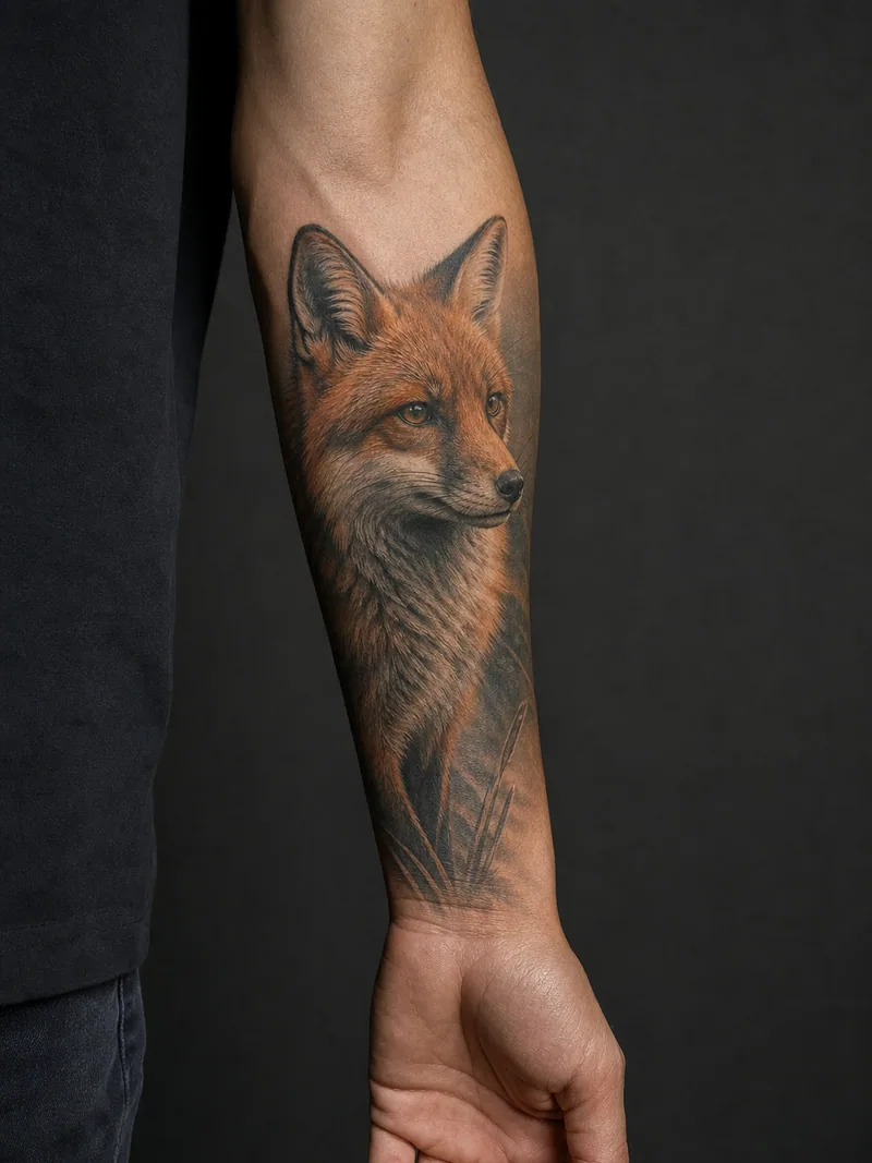 Fox forearm tattoo - A softly shaded fox portrait fills the broader outer forearm.