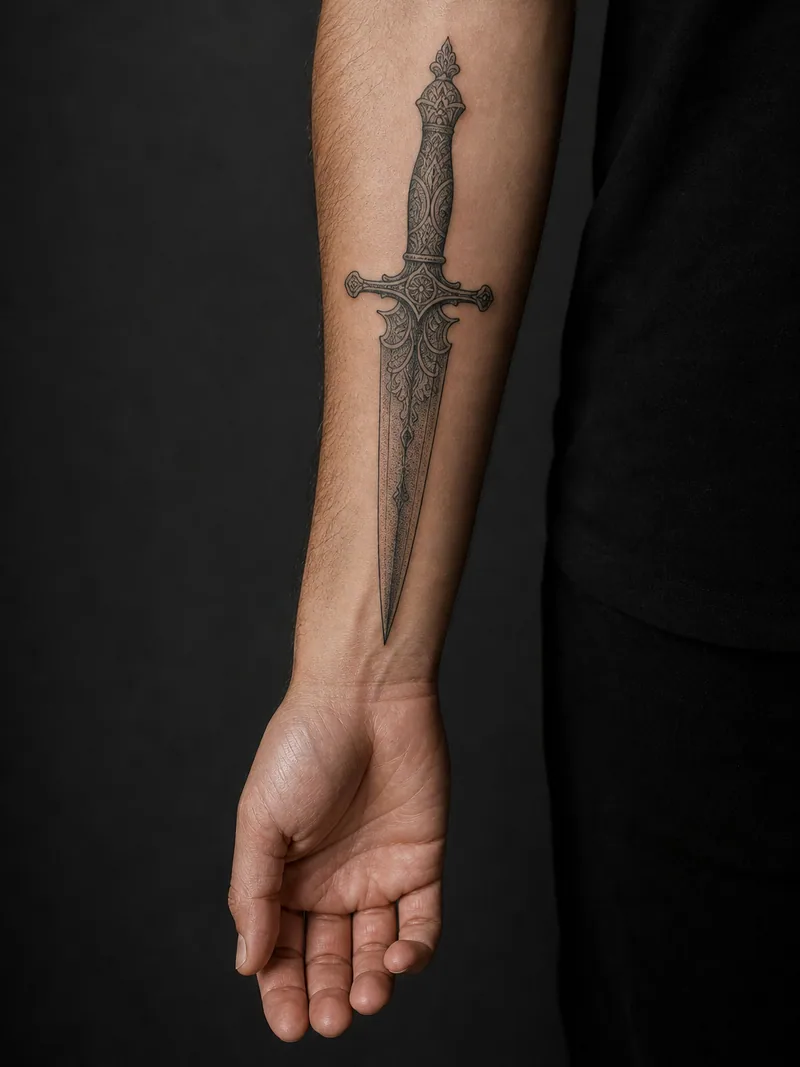 Ornamental dagger forearm tattoo - A long dagger uses the full axis from elbow toward wrist.