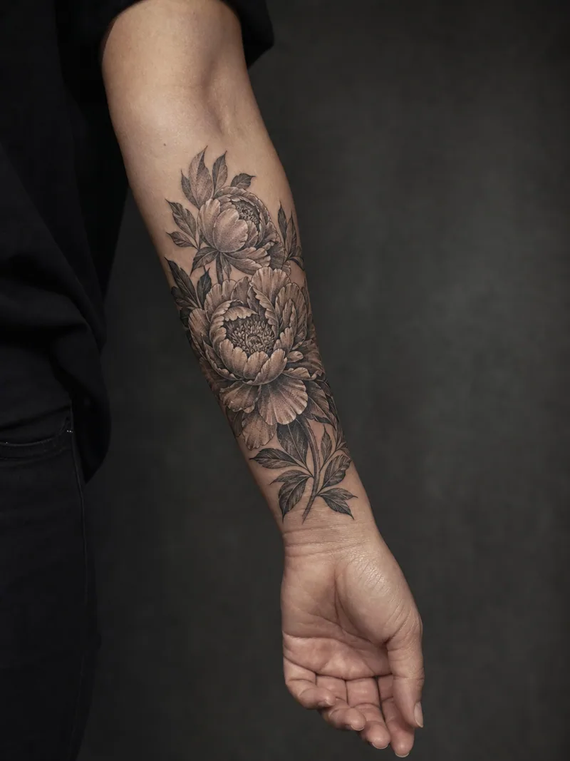 Peony forearm tattoo - Layered peony petals create a full-length floral panel.
