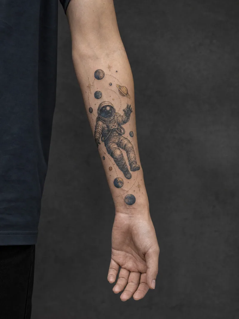 Astronaut forearm tattoo - An astronaut floats through small planets in a narrow composition.