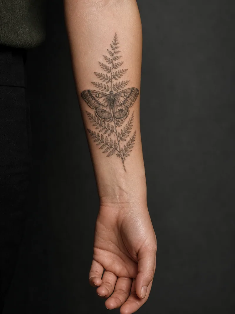 Moth and fern forearm tattoo - A moth and fern fronds read like a botanical specimen study.