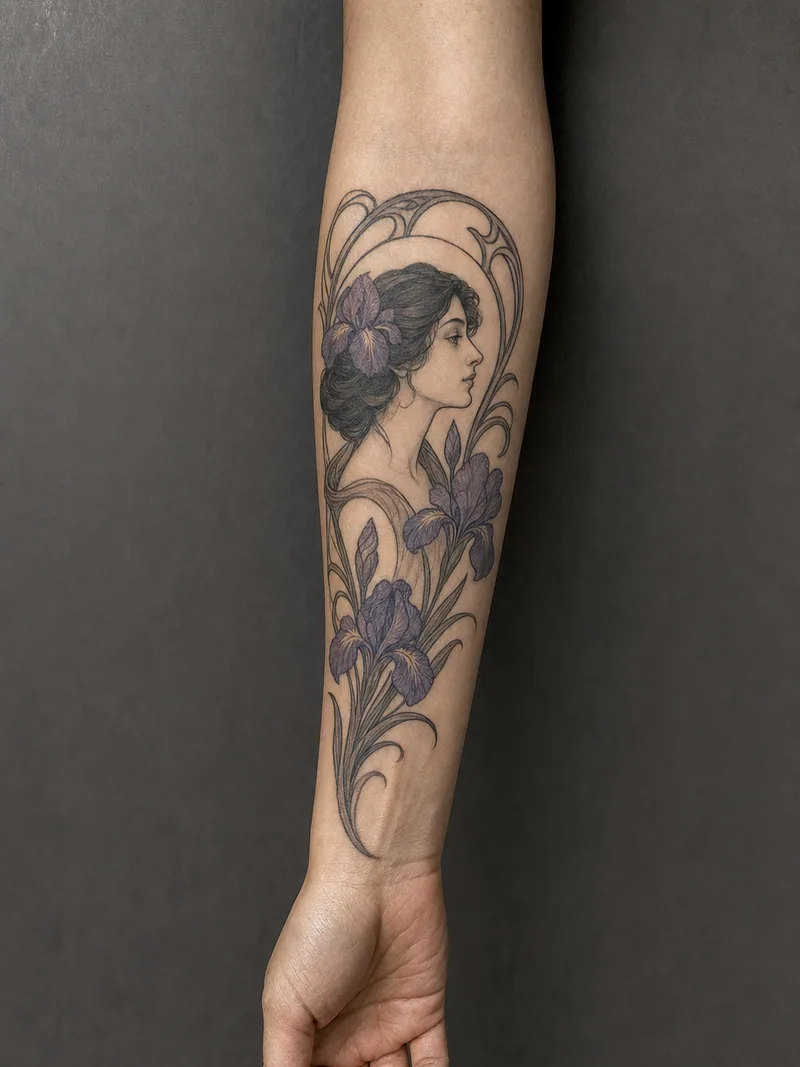 Art Nouveau forearm tattoo - A profile portrait and iris flowers fit a tall decorative frame.