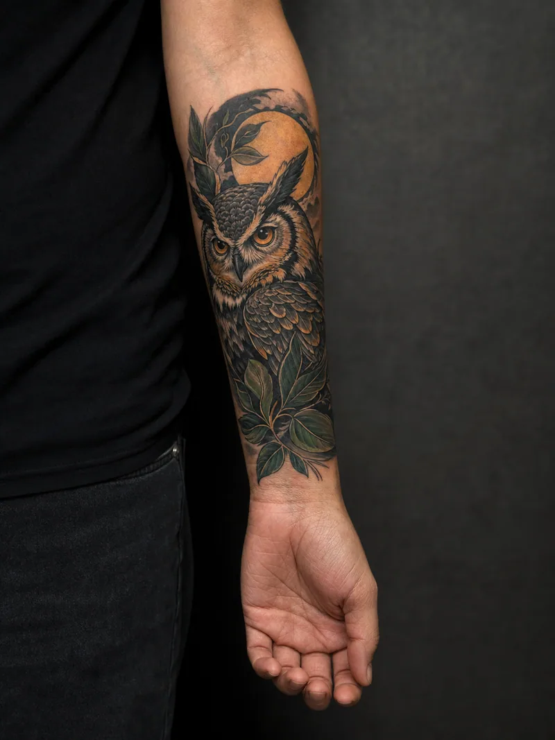 Owl forearm tattoo - An owl portrait uses a tall frame and saturated eye accents.