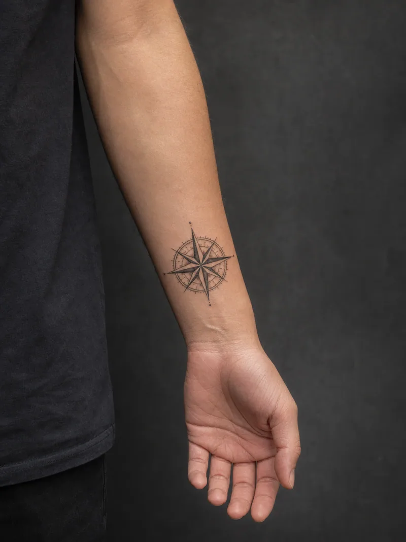 Small compass forearm tattoo - A compact compass rose leaves plenty of open skin around it.