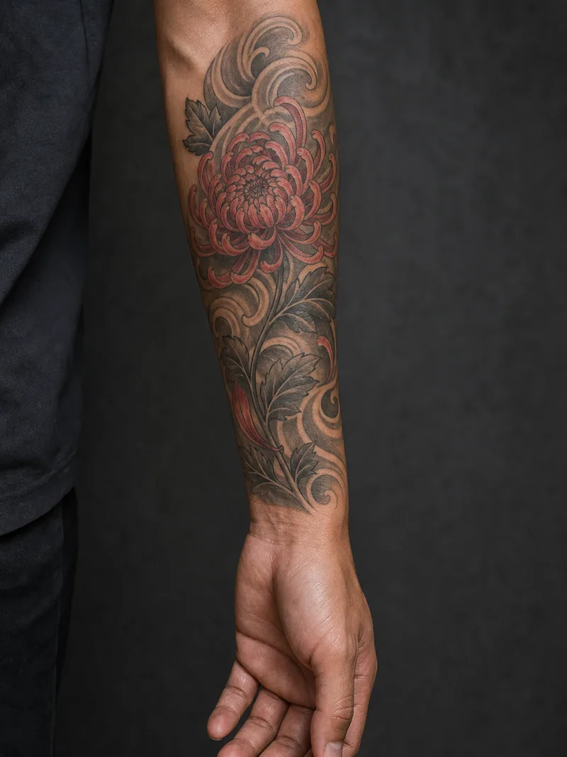 Chrysanthemum forearm tattoo - A chrysanthemum and wind curls form a long outer panel.