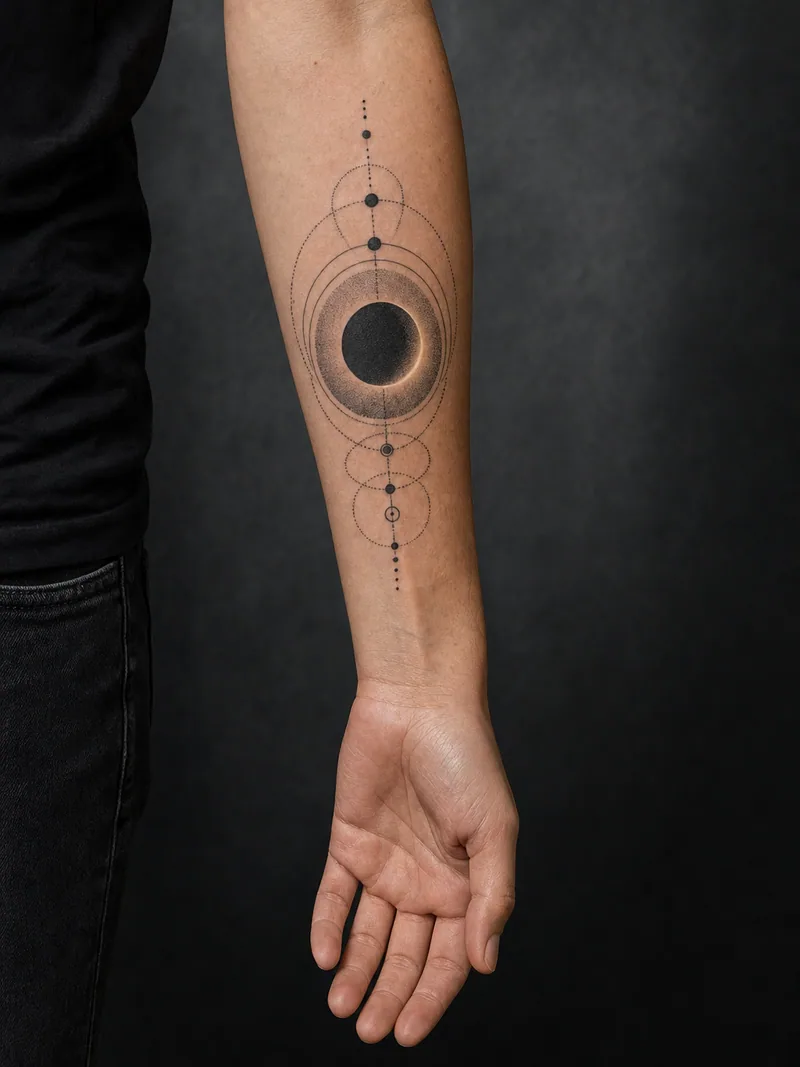 Eclipse forearm tattoo - A dark eclipse and orbital marks create a precise vertical design.