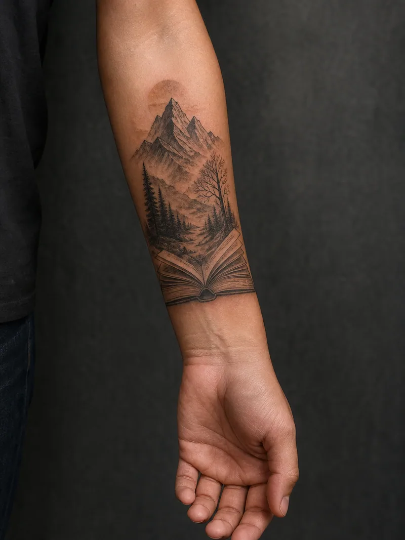 Book landscape forearm tattoo - A mountain scene rises from an open book without lettering.