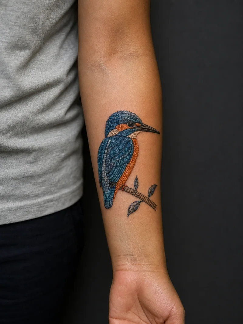 Kingfisher forearm tattoo - Thread-like marks build a bright perched kingfisher.