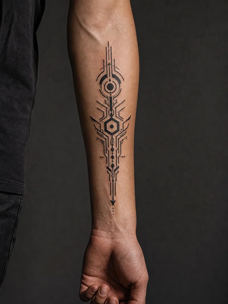Cyber-sigil forearm tattoo - Sharp symmetrical lines run down the full outer forearm.