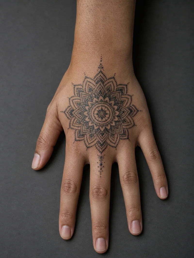 Mandala hand tattoo - A radial mandala uses the center of the hand for balanced symmetry.