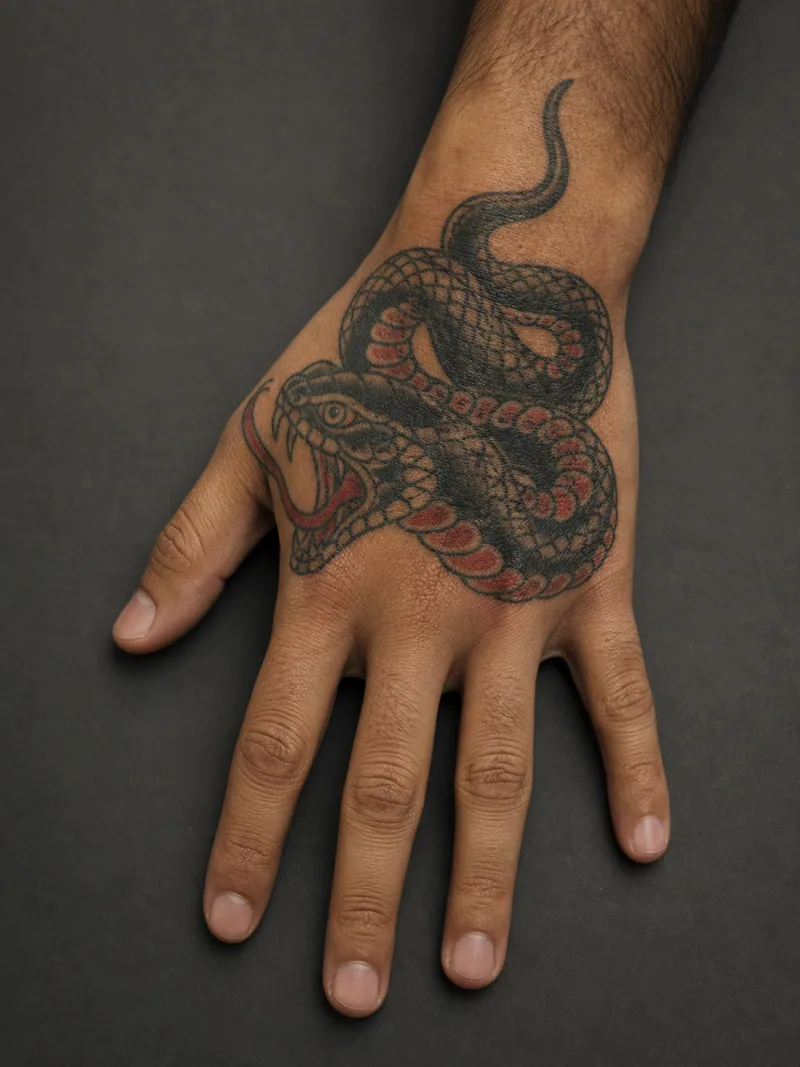 Snake hand tattoo - A coiled snake creates a bold readable shape above the knuckles.