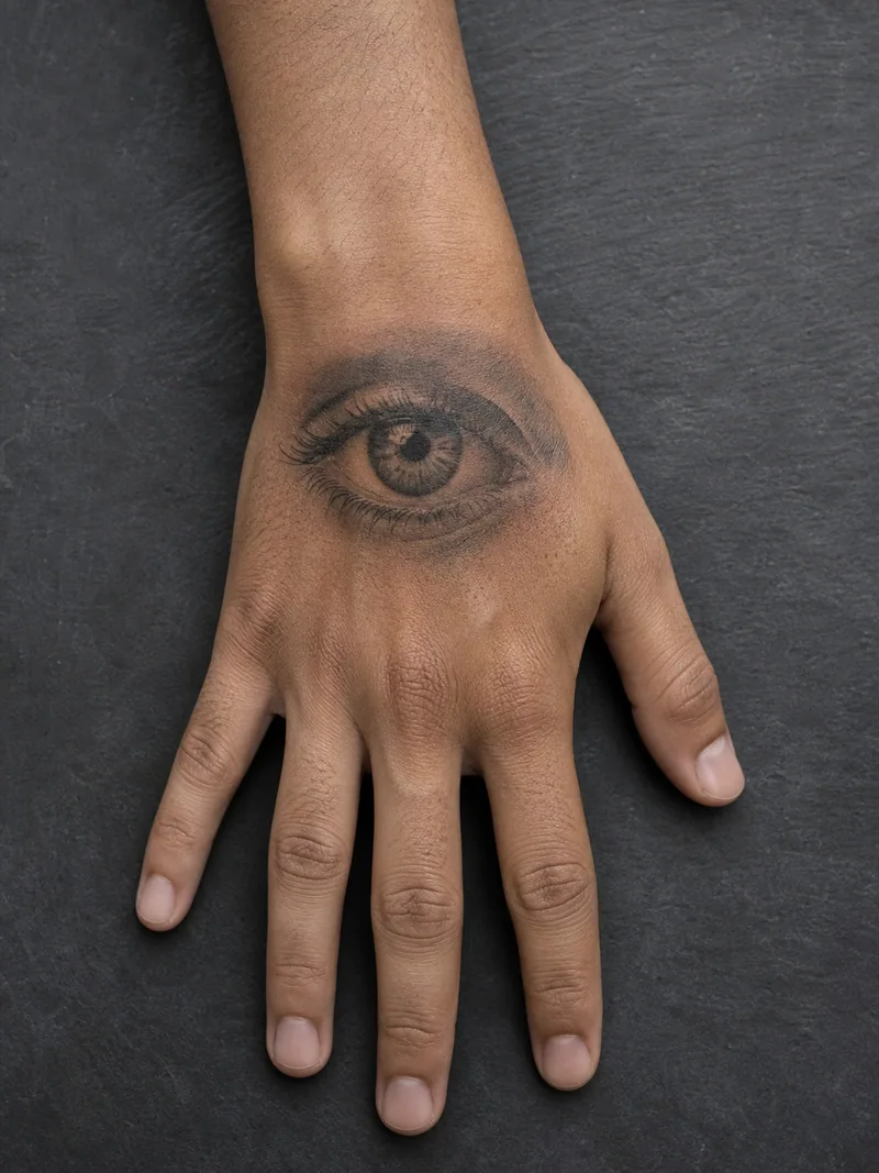 Realistic eye hand tattoo - A softly shaded eye sits centrally between the wrist and knuckles.