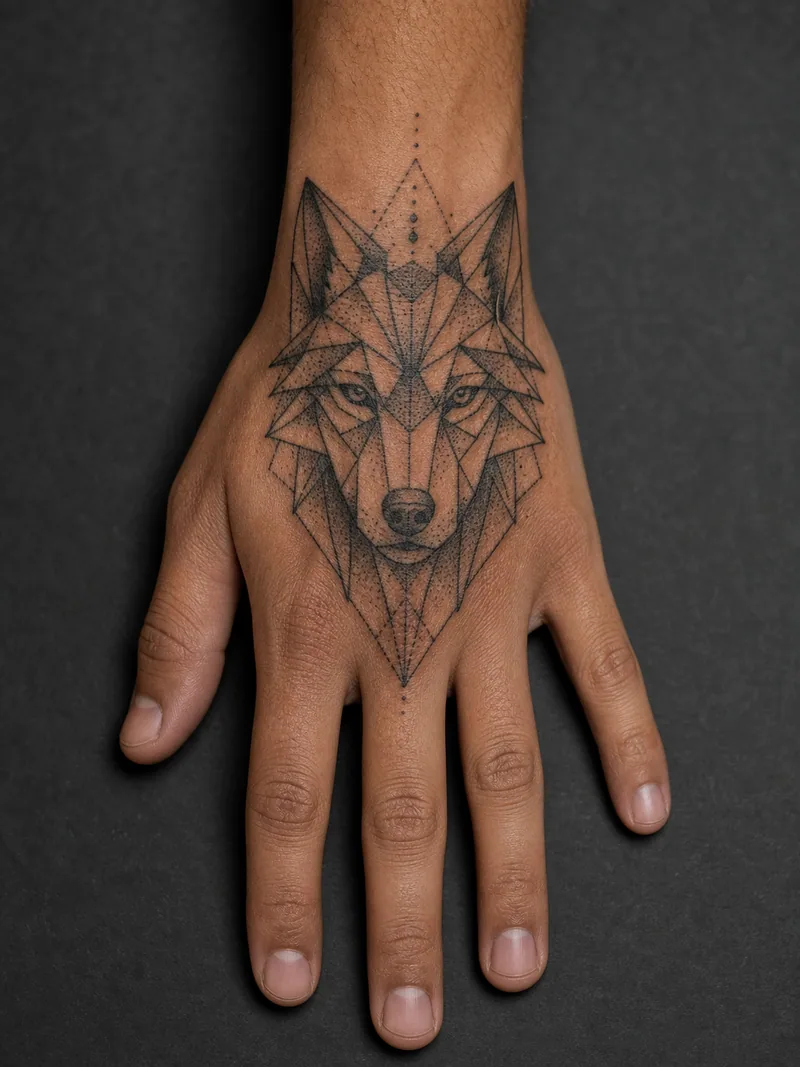 Geometric wolf hand tattoo - Faceted linework fits a wolf portrait to the tapered hand shape.