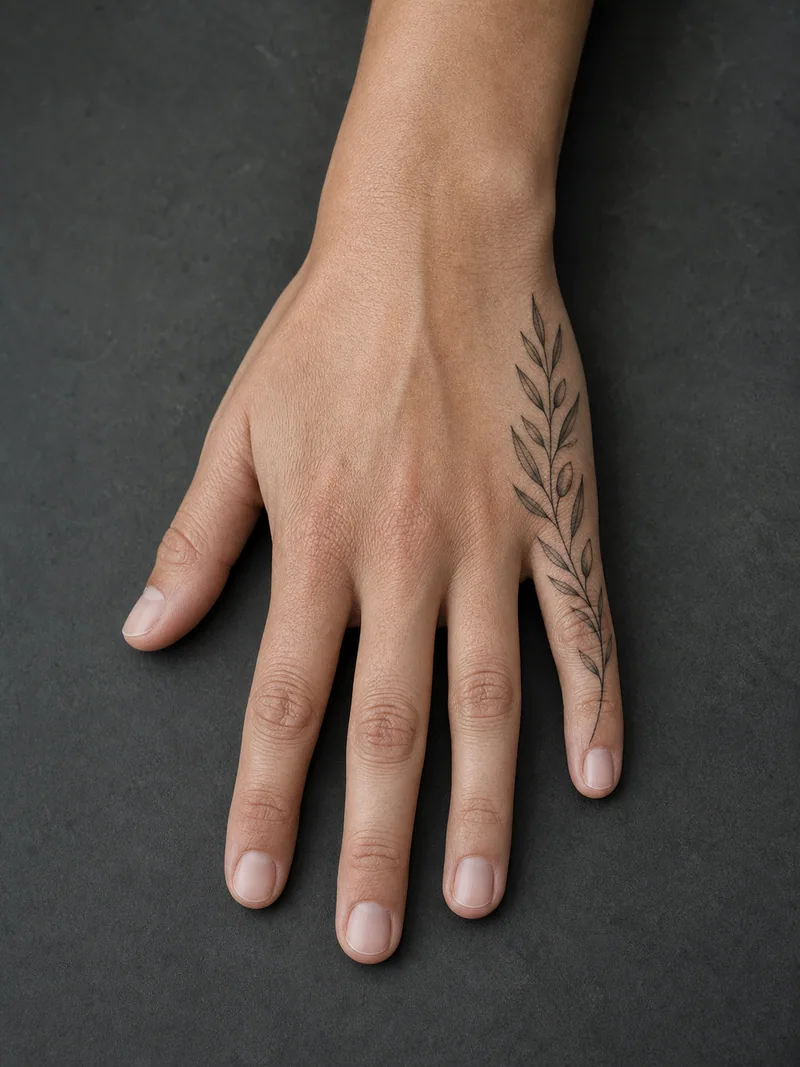 Olive branch hand tattoo - A slim botanical branch follows the outer edge below the little finger.