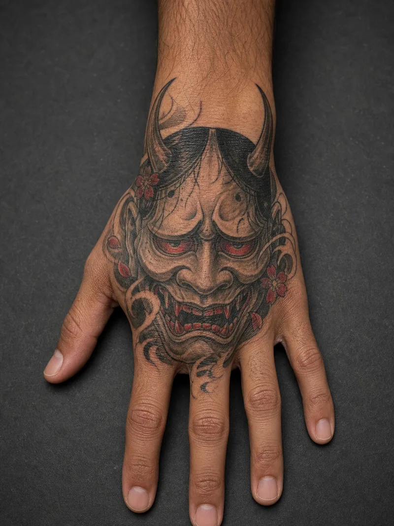 Hannya mask hand tattoo - A detailed mask fills the hand while leaving the fingers clear.