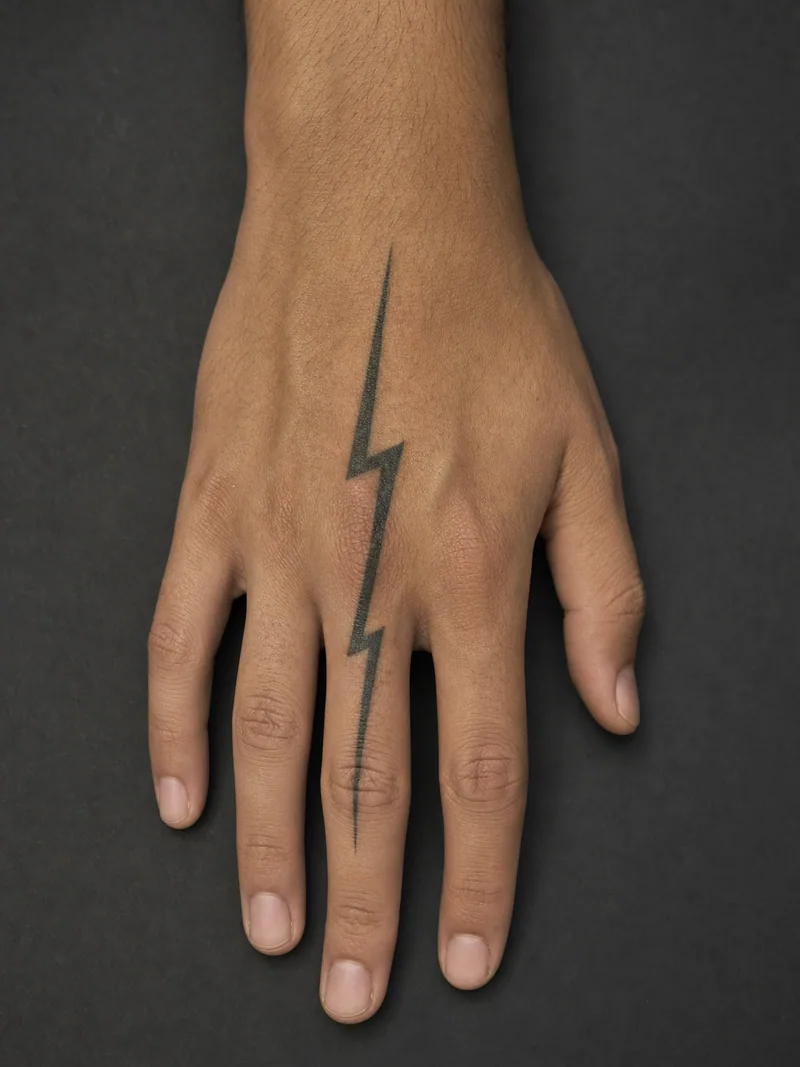 Lightning hand tattoo - A single angular bolt continues from the hand onto one finger.