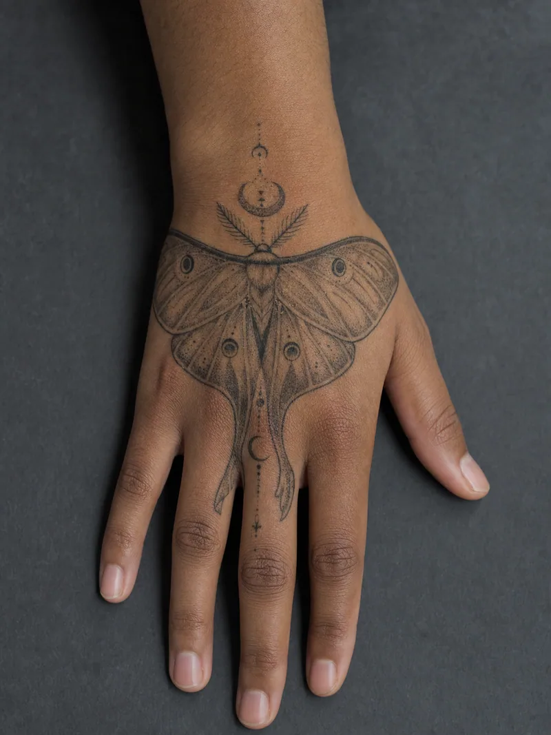 Luna moth hand tattoo - A moth spreads across the hand with a small celestial accent.