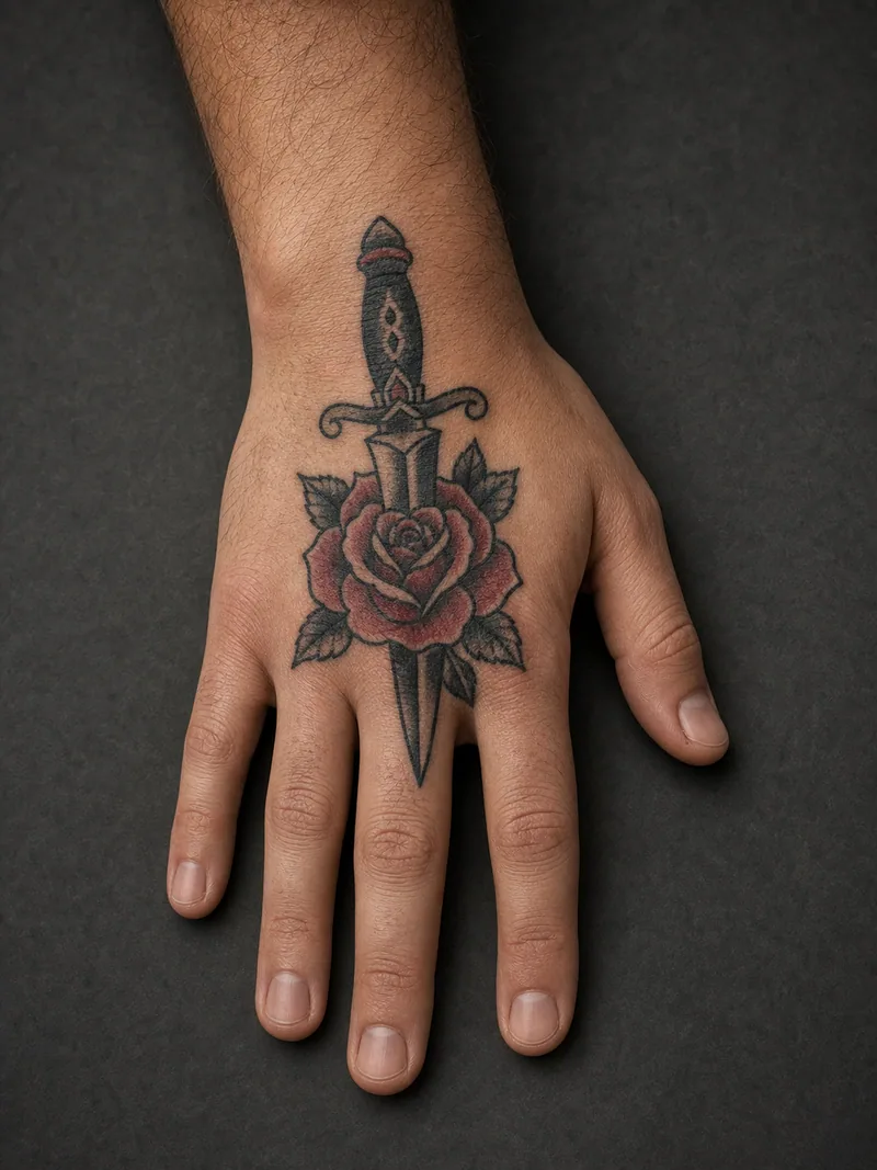 Dagger and rose hand tattoo - A short dagger passes through a compact rose toward the middle finger.