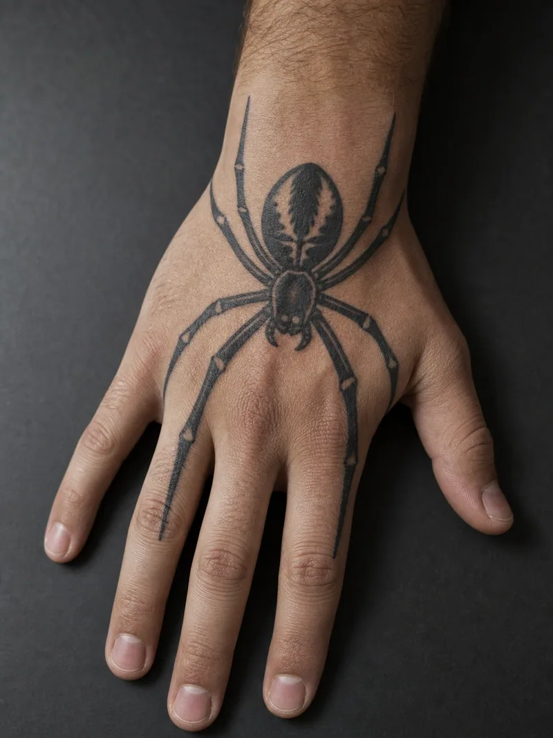 Spider hand tattoo - Long legs use the width of the hand without covering the fingers.