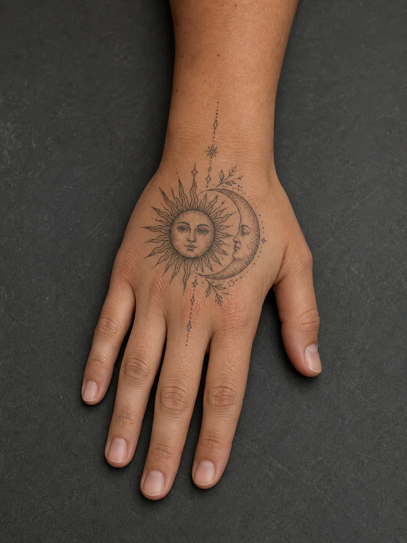 Sun and moon hand tattoo - A small sun and crescent create a light celestial composition.