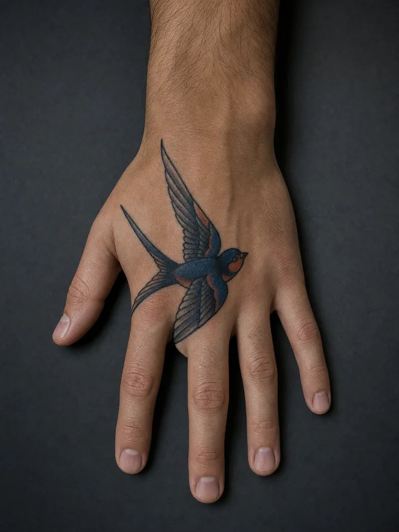 Swallow hand tattoo - A flying swallow crosses the hand diagonally with open wings.